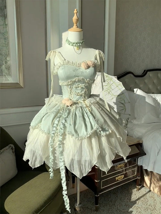 F72112 Small Fresh Green Bamboo Leaf Print New Chinese Ballet Style Elegant Fairy Lolita Skirt Lolita Princess Skirt