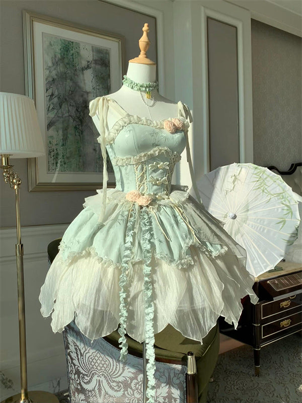 F72112 Small Fresh Green Bamboo Leaf Print New Chinese Ballet Style Elegant Fairy Lolita Skirt Lolita Princess Skirt