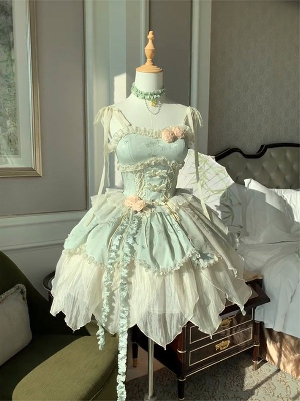 F72112 Small Fresh Green Bamboo Leaf Print New Chinese Ballet Style Elegant Fairy Lolita Skirt Lolita Princess Skirt