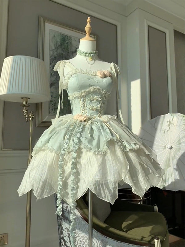 F72112 Small Fresh Green Bamboo Leaf Print New Chinese Ballet Style Elegant Fairy Lolita Skirt Lolita Princess Skirt