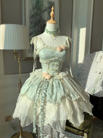 F72112 Small Fresh Green Bamboo Leaf Print New Chinese Ballet Style Elegant Fairy Lolita Skirt Lolita Princess Skirt