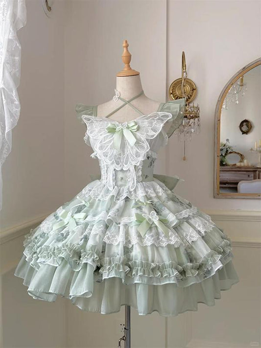 F72115 White Green Butterfly Small Fresh Princess Girl Birthday Short Skirt Lolita Lolita Skirt Cute Sweet
