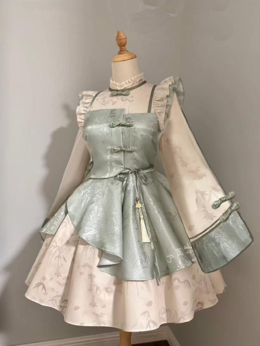 F72117 Green Modified Cheongsam Lolita Skirt Small Flying Sleeves Lolita Cute Princess Dress