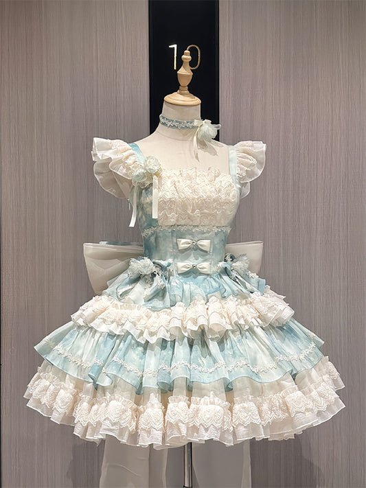 F72122 Fresh Green Smudged Ballet Style Girl Birthday Date Cake Dress Lolita Dress Lolita