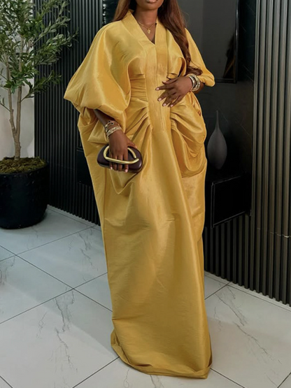 F050902 Fashion V-neck Long-sleeved Loose Pleated Long Dress