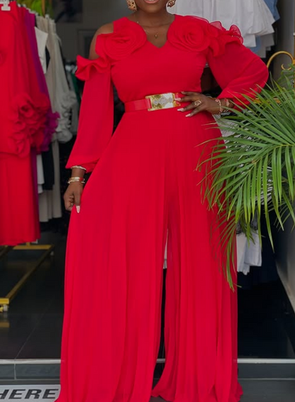 Off-Shoulder Three-Dimensional Flower Jumpsuit