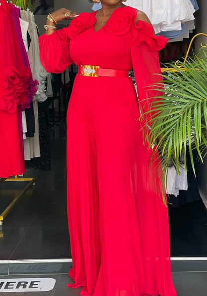 Off-Shoulder Three-Dimensional Flower Jumpsuit