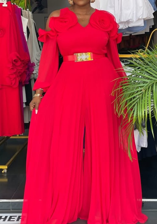 Off-Shoulder Three-Dimensional Flower Jumpsuit