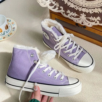 Women's Fleece Warm & Comfy Lace Up Flat Canvas Shoes