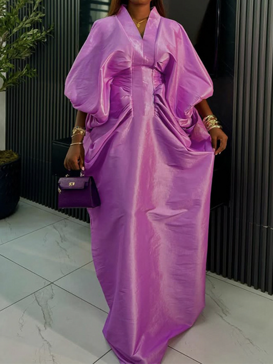 F050902 Fashion V-neck Long-sleeved Loose Pleated Long Dress