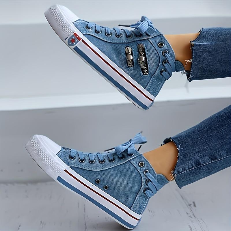 Women's Denim High Top Trainers Lace Up Casual Shoes