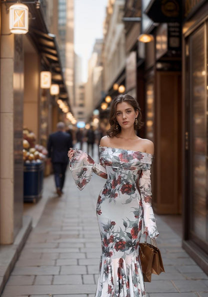 Rose Print Off-shoulder Dress