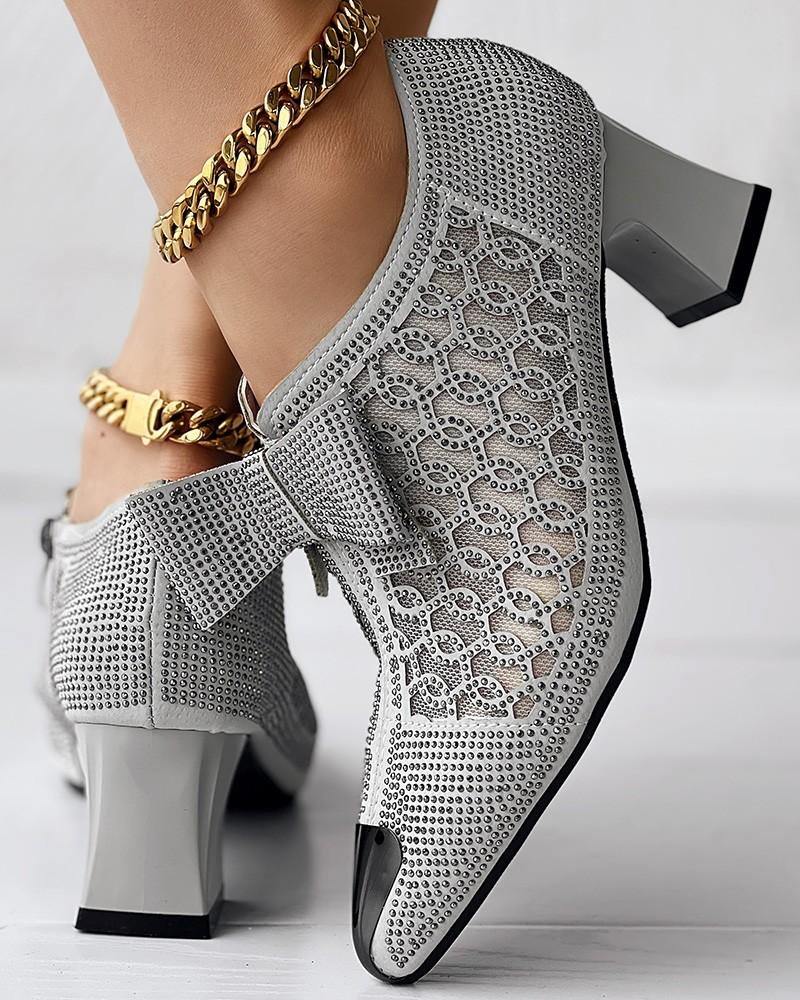 Side Zip Rhinestone Bowknot Decor Chunky Heels