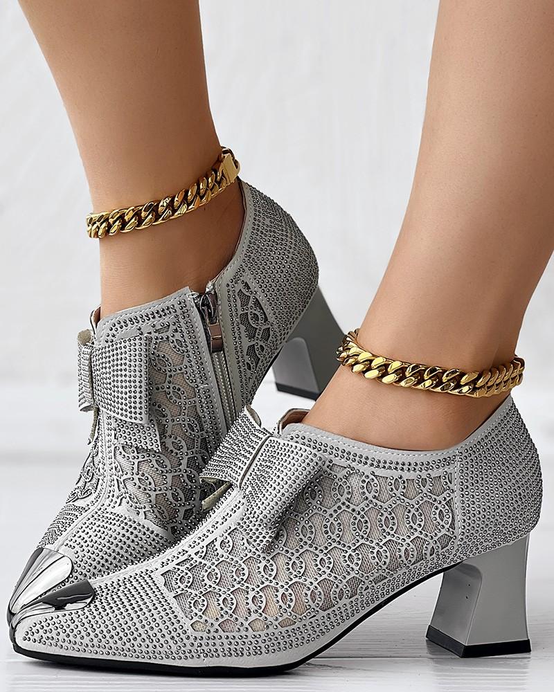 Side Zip Rhinestone Bowknot Decor Chunky Heels