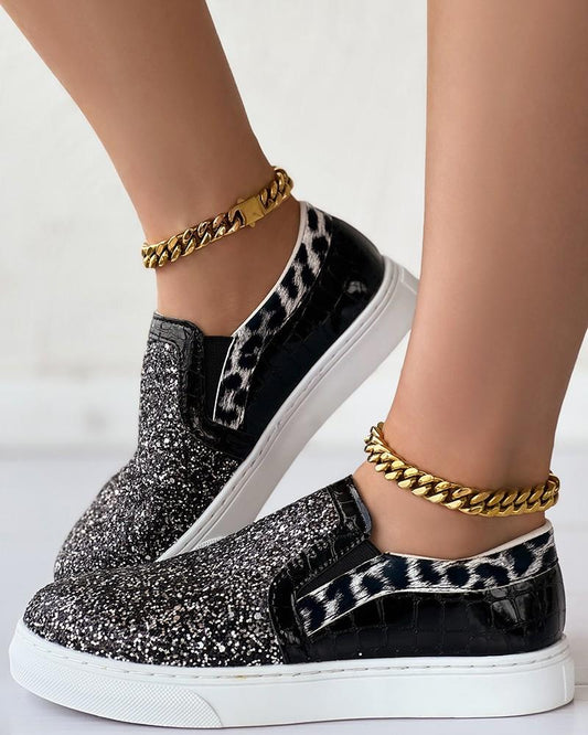 Leopard Print Contrast Sequin Slip-On Trainers