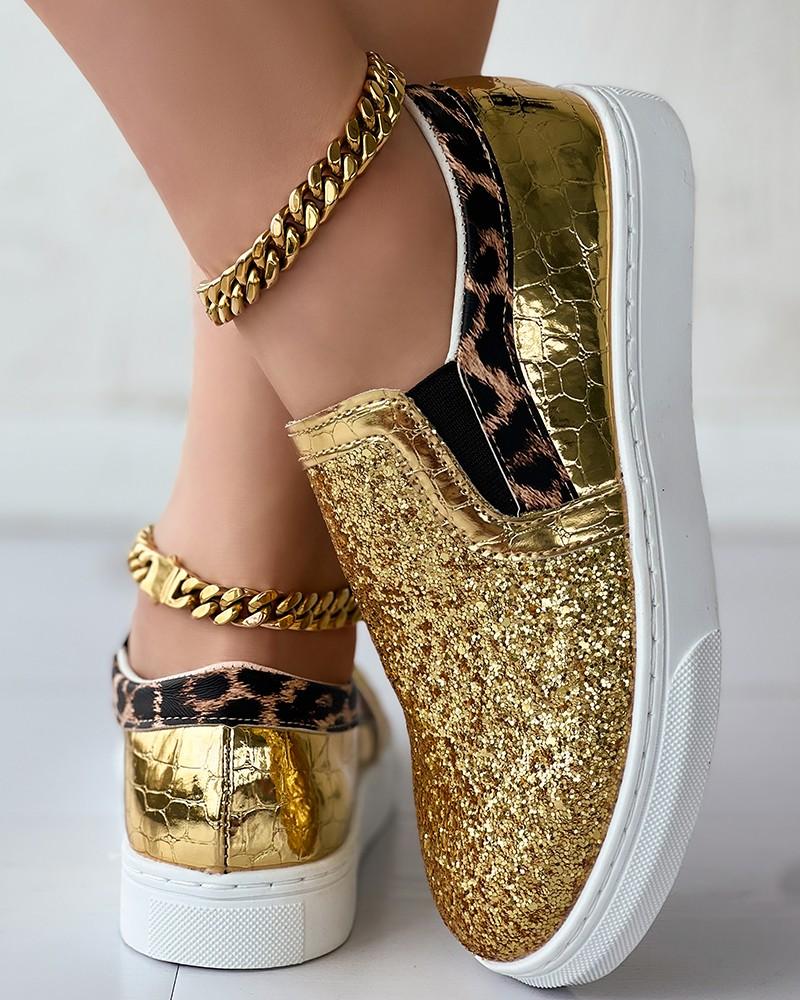 Leopard Print Contrast Sequin Slip-On Trainers