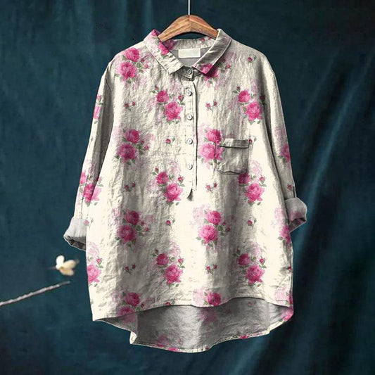 F6609 Women's Printed Casual Cotton and Linen Shirt