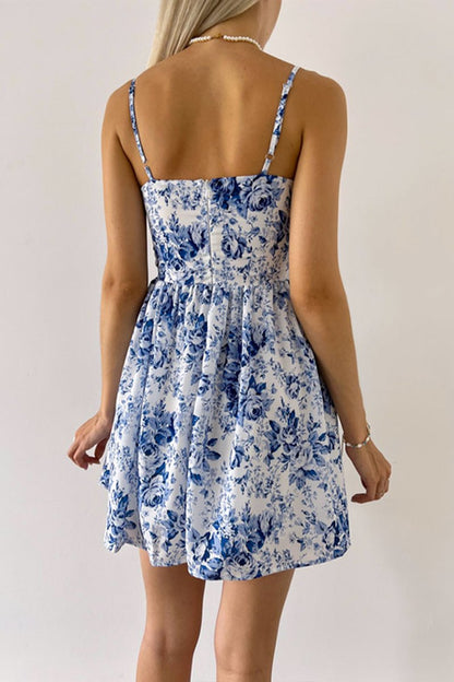 E4294 Blue Printed Suspender Dress