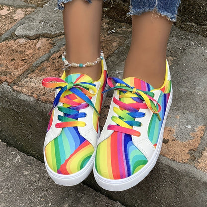 Women's Rainbow Printed Low Top Lace Up Sneakers