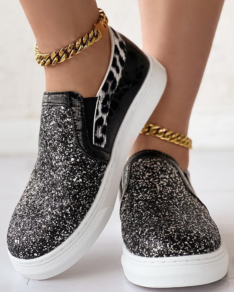 Leopard Print Contrast Sequin Slip-On Trainers