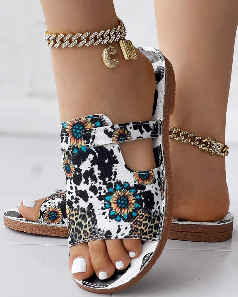 Sunflower Cow Leopard Print Hollow Out Slippers Summer Sandals