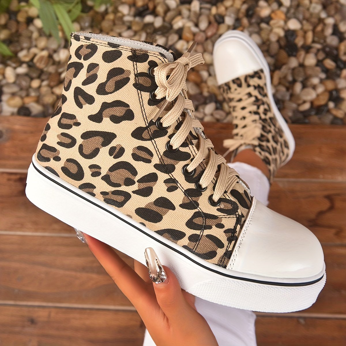 Women's Leopard Trainers Shoes Lace Up High Top Shoes