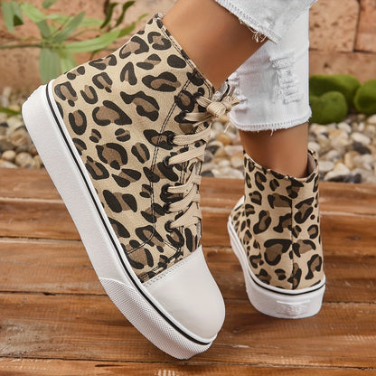 Women's Leopard Trainers Shoes Lace Up High Top Shoes