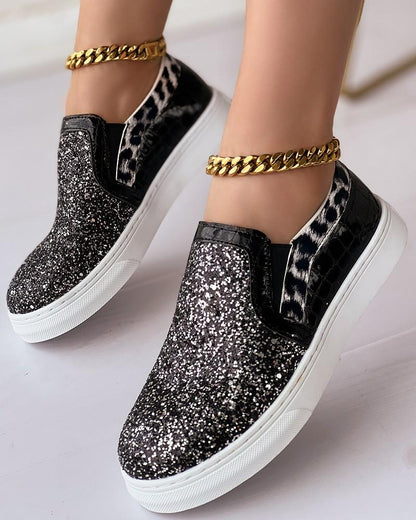 Leopard Print Contrast Sequin Slip-On Trainers