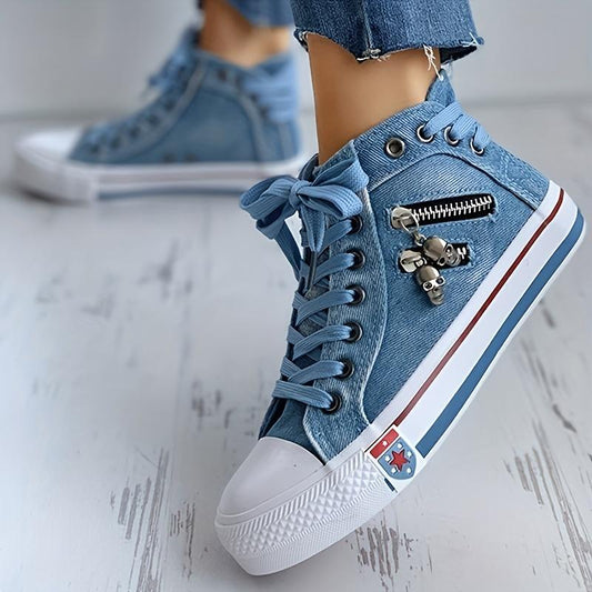 Women's Denim High Top Trainers Lace Up Casual Shoes