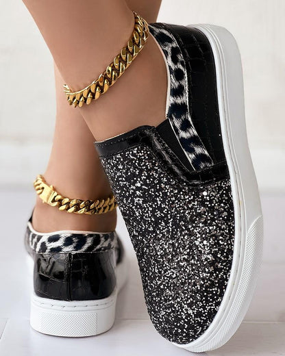 Leopard Print Contrast Sequin Slip-On Trainers