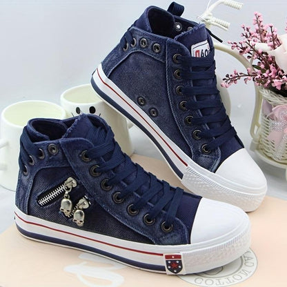 Women's Denim High Top Trainers Lace Up Casual Shoes