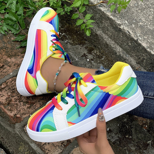 Women's Rainbow Printed Low Top Lace Up Sneakers