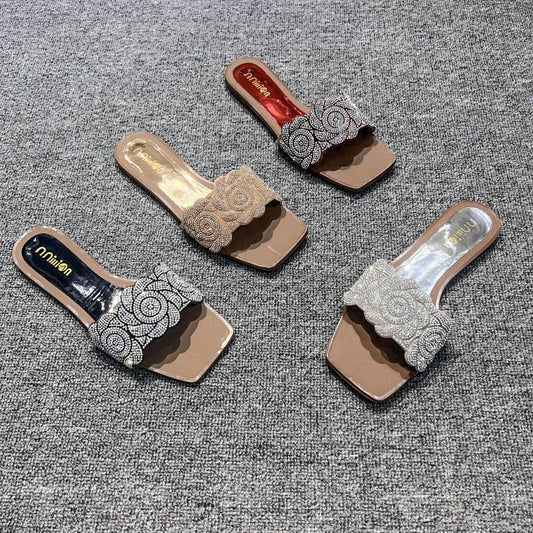 L40824 Rhinestone Flat Slippers