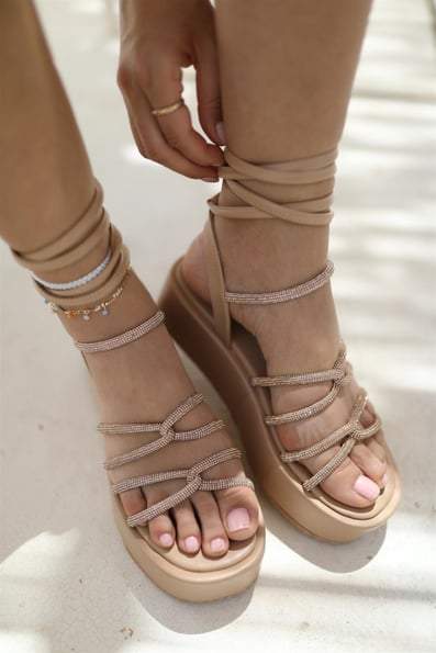 High Sole Stone Detail Ankle Clad Sandals