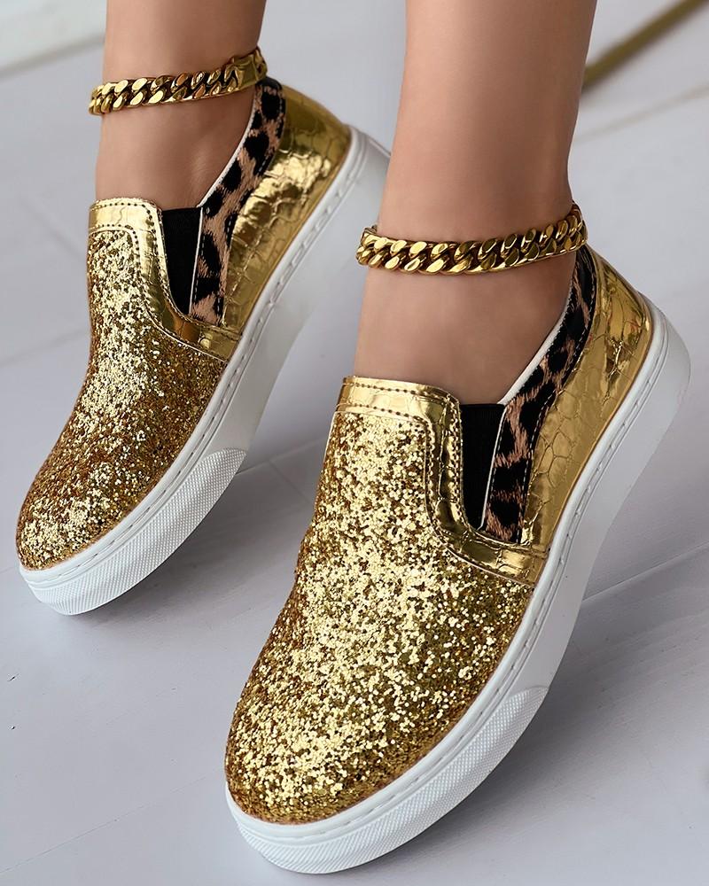 Leopard Print Contrast Sequin Slip-On Trainers