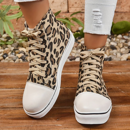 Women's Leopard Trainers Shoes Lace Up High Top Shoes