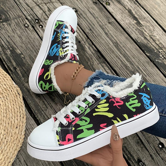 Letter Print Canvas Shoes Lace Up Flat Trainers