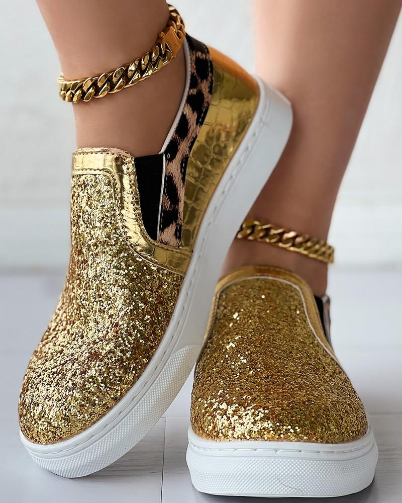 Leopard Print Contrast Sequin Slip-On Trainers