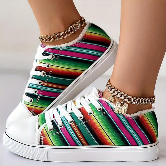 Colorful Strip Print Trainers Lace Up Canvas Shoes
