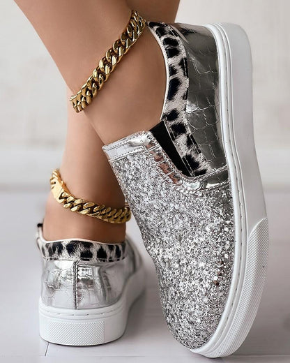 Leopard Print Contrast Sequin Slip-On Trainers