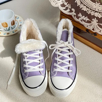 Women's Fleece Warm & Comfy Lace Up Flat Canvas Shoes