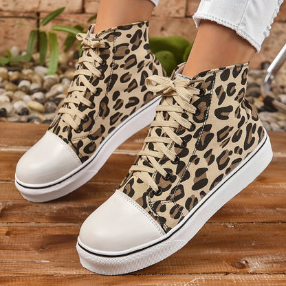 Women's Leopard Trainers Shoes Lace Up High Top Shoes