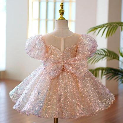 L41707 BABY GIRL PAGEANT PRINCESS DRESSES TODDLER SUMMER ELEGANT PINK SEQUIN BOW BIRTHDAY PARTY DRESS