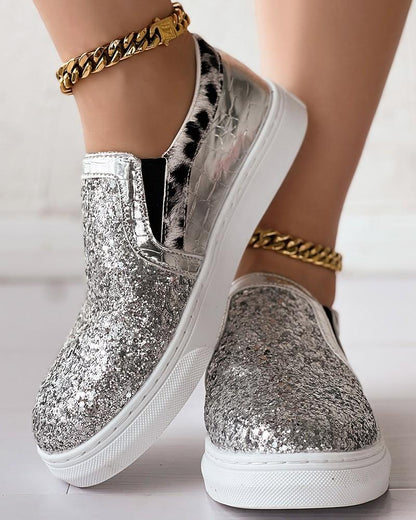 Leopard Print Contrast Sequin Slip-On Trainers