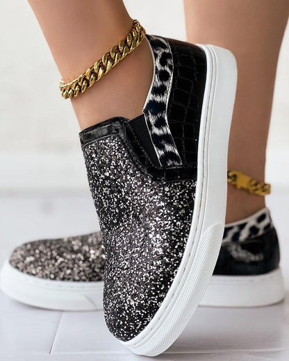 Leopard Print Contrast Sequin Slip-On Trainers