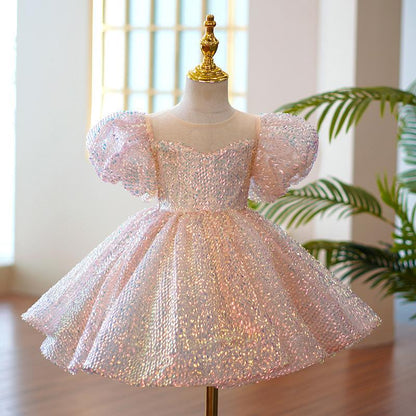 L41707 BABY GIRL PAGEANT PRINCESS DRESSES TODDLER SUMMER ELEGANT PINK SEQUIN BOW BIRTHDAY PARTY DRESS