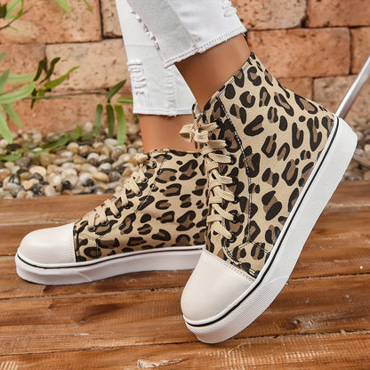 Women's Leopard Trainers Shoes Lace Up High Top Shoes