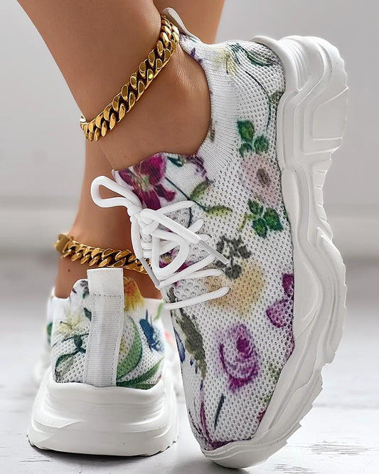 Floral Print Breathable Lace-up Sports Sneakers