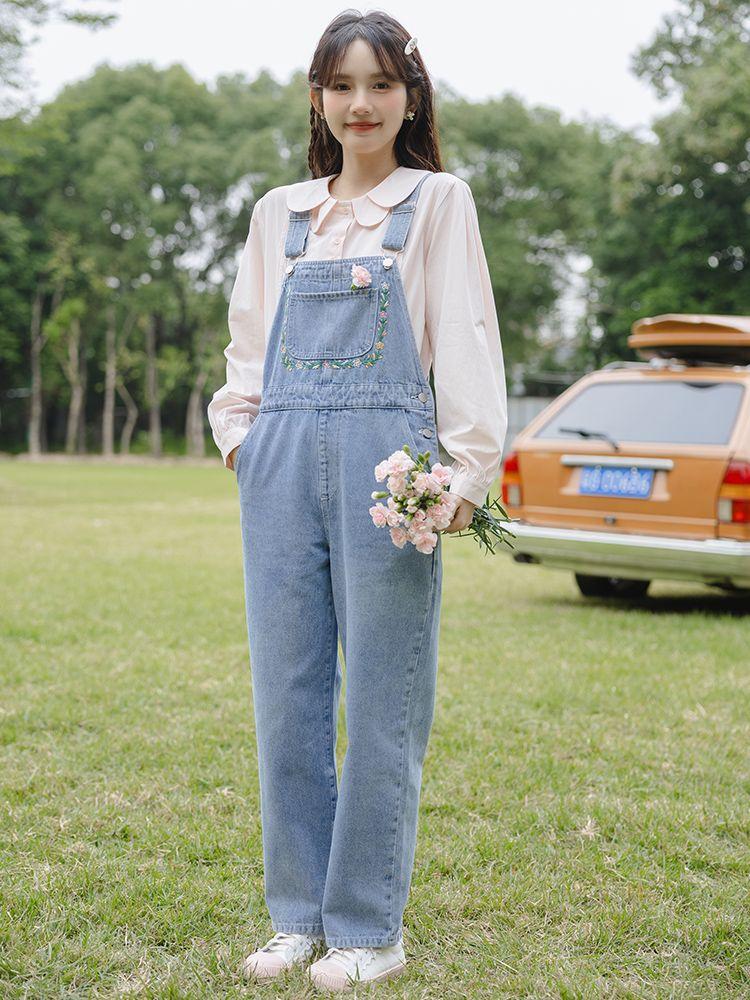 Korean Style Spring Embroidered Overalls