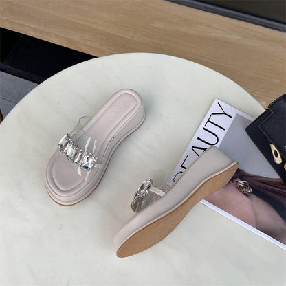 Rhinestone Thick Sole Heightened One-Word Sandals and Slippers